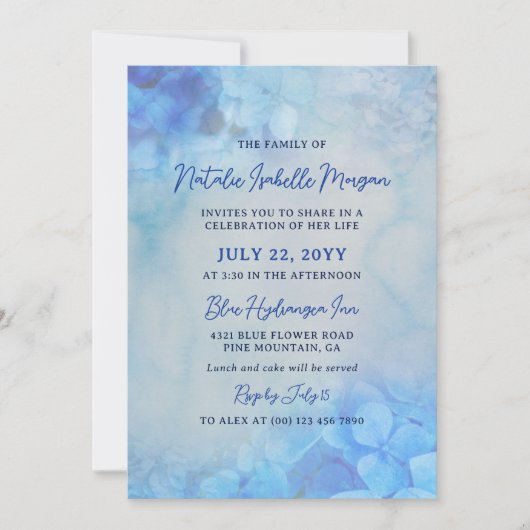 Invitation Blue Hydrangeas Célébration de la vie (Devant)