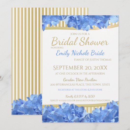 Invitation Blue Hydrangeas et Gold Stripes Fête des mariées (Devant / Derrière)