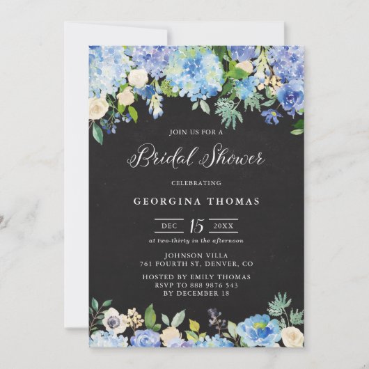 Invitation Blue Hydrangeas et Rose Fête des mariées de tablea (Devant)
