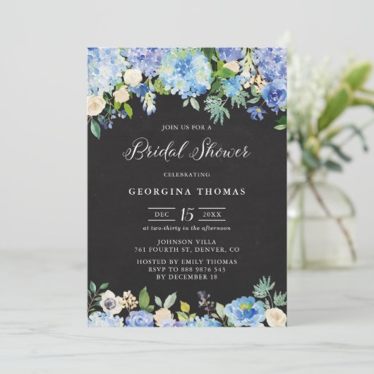Invitation Blue Hydrangeas et Rose Fête des mariées de tablea (Debout devant)