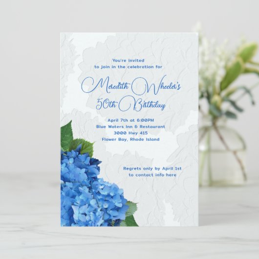 Invitation Blue Hydrangeas Floral Anniversaire (Debout devant)