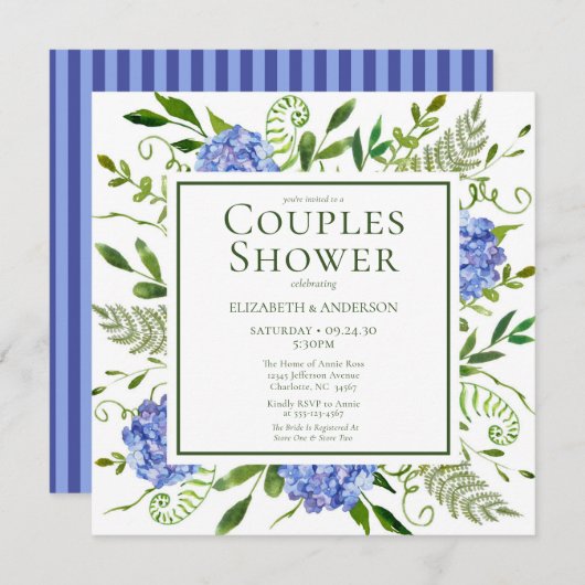 Invitation Blue Hydrangeas Floral Aquarelle Couples Douche (Devant / Derrière)