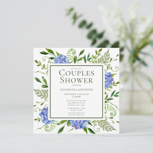 Invitation Blue Hydrangeas Floral Aquarelle Couples Douche (Debout devant)