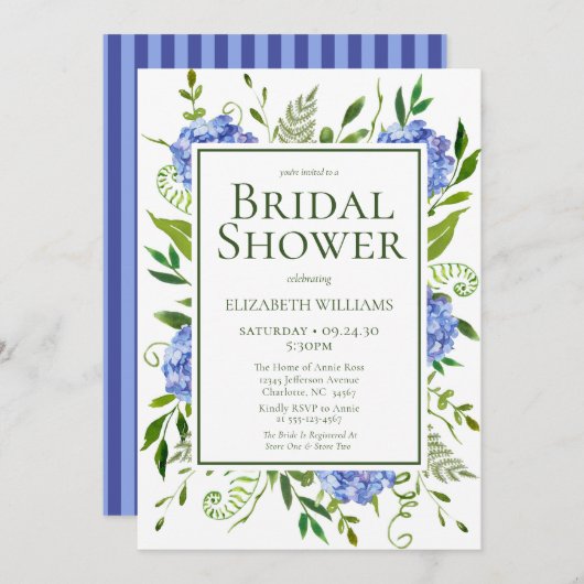 Invitation Blue Hydrangeas Floral Aquarelle Fête des mariées (Devant / Derrière)