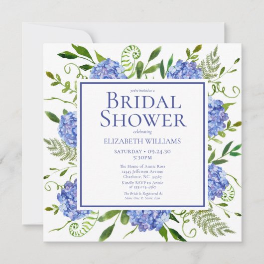 Invitation Blue Hydrangeas Floral Aquarelle Fête des mariées (Devant)