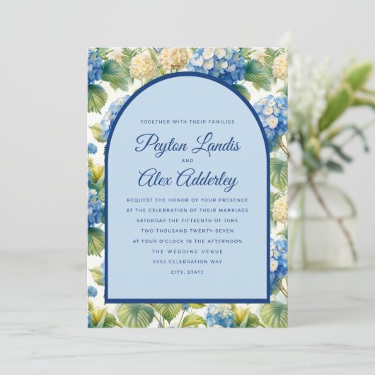 Invitation Blue Hydrangeas Floral Arch Mariage (Debout devant)