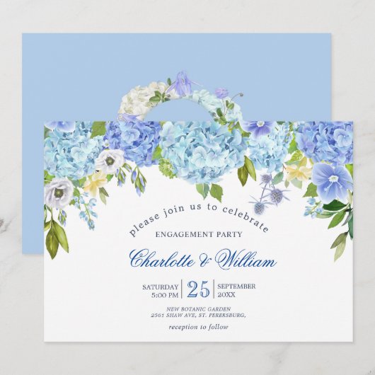 Invitation Blue Hydrangeas Floral Green ENGAGEMENT PARTY (Devant / Derrière)