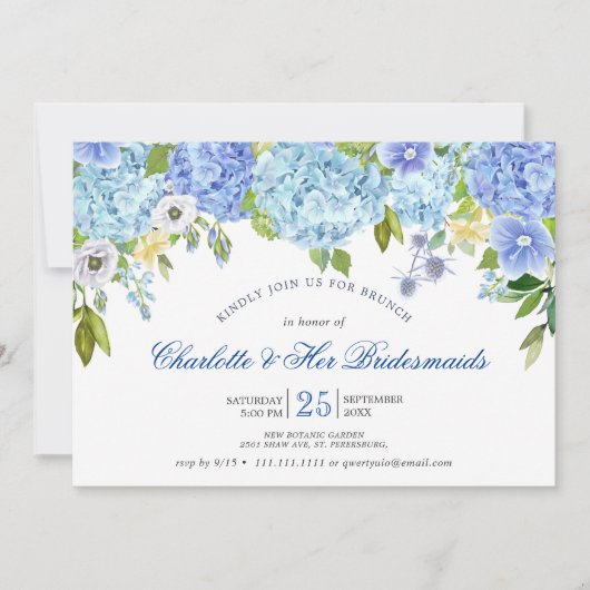 Invitation Blue Hydrangeas Floral Greenery Bridesmaids Brunch (Devant)