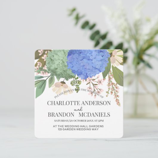 Invitation Blue Hydrangeas Floral Mariage (Debout devant)