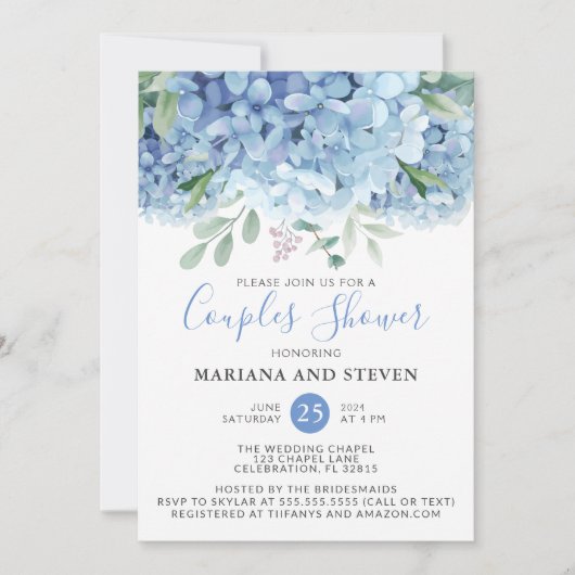Invitation Blue Hydrangeas Floral Mariage Couples Douche (Devant)