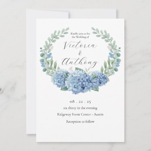 Invitation Blue Hydrangeas Floral Mariage élégant (Devant)