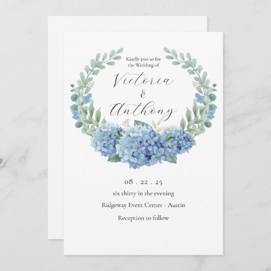 Invitation Blue Hydrangeas Floral Mariage élégant (Devant / Derrière)