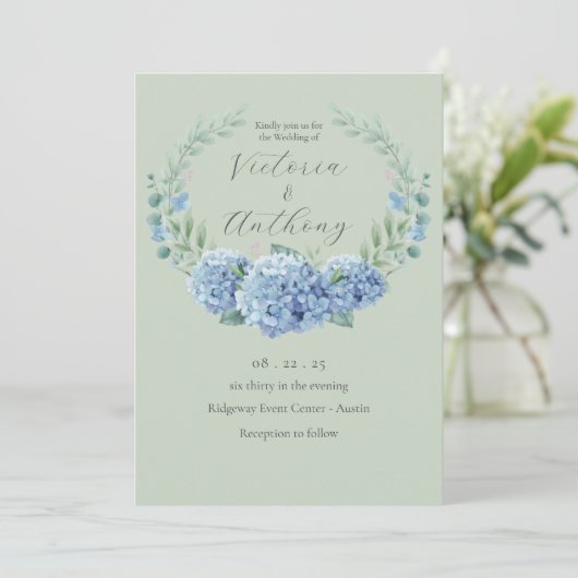 Invitation Blue Hydrangeas Floral Sage Vert Mariage (Debout devant)
