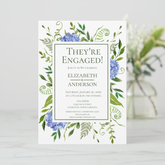 Invitation Blue Hydrangeas Floral Watercolor Engagement (Debout devant)