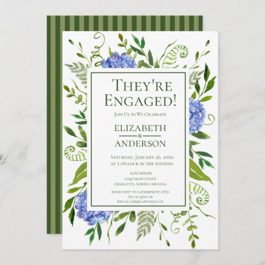 Invitation Blue Hydrangeas Floral Watercolor Engagement (Devant / Derrière)