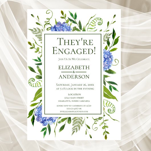 Invitation Blue Hydrangeas Floral Watercolor Engagement
