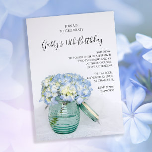 Invitation Blue Hydrangeas in Jar Vase fête d'anniversaire