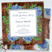 Invitation Blue Hydrangeas Rustic Wood 100e fête d'anniversai