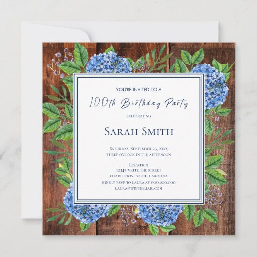 Invitation Blue Hydrangeas Rustic Wood 100e fête d'anniversai (Devant)