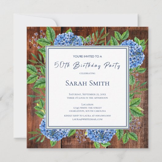 Invitation Blue Hydrangeas Rustic Wood 50e fête d'anniversair (Devant)
