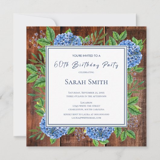 Invitation Blue Hydrangeas Rustic Wood 60e fête d'anniversair (Devant)