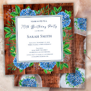 Invitation Blue Hydrangeas Rustic Wood 70e fête d'anniversair