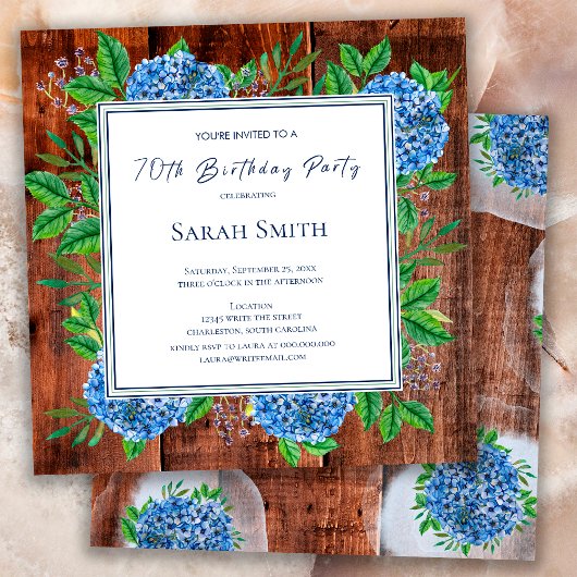 Invitation Blue Hydrangeas Rustic Wood 70e fête d'anniversair