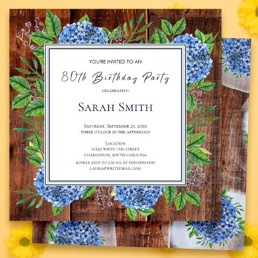 Invitation Blue Hydrangeas Rustic Wood 80e fête d'anniversair