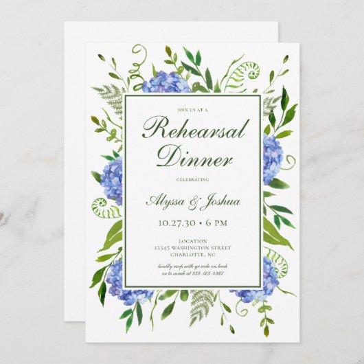 Invitation Blue Hydrangeas Script Dîner de répétition (Devant / Derrière)