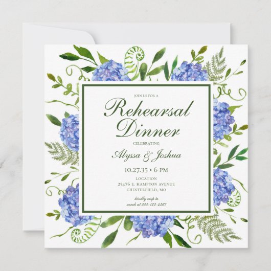Invitation Blue Hydrangeas Script Photo Rehearer Dîner (Devant)