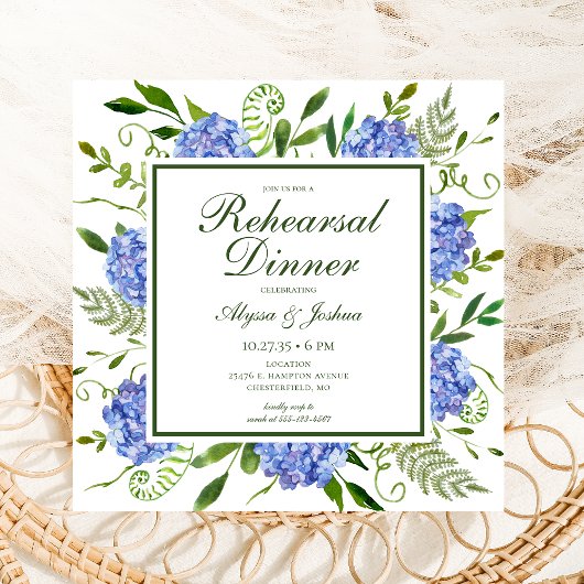 Invitation Blue Hydrangeas Script Photo Rehearer Dîner