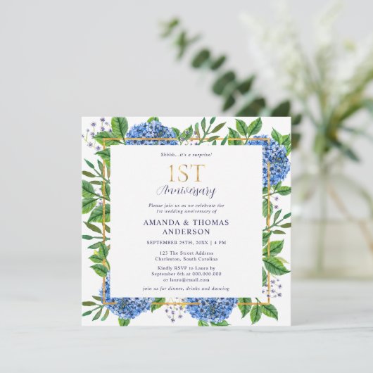Invitation Blue Hydrangeas Surprise 1er anniversaire Mariage (Debout devant)