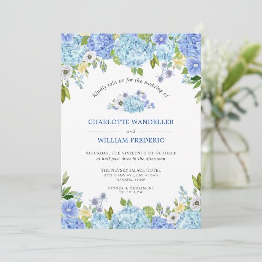 Invitation Blue Hydrangeas Verdure Mariage aquarelle (Debout devant)