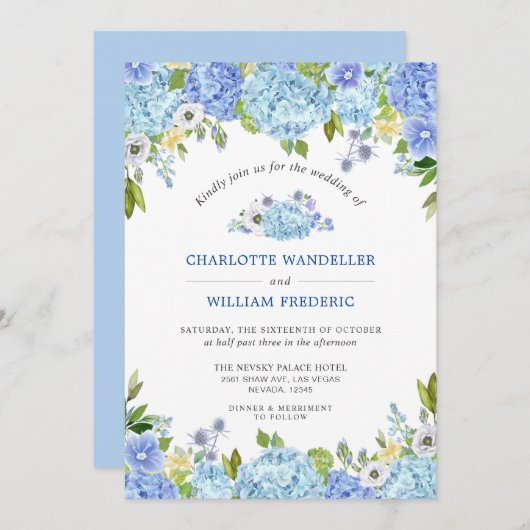 Invitation Blue Hydrangeas Verdure Mariage aquarelle (Devant / Derrière)