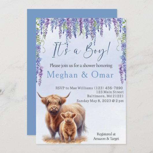 Invitation Blue Hyrdrangeas Highland vache baby shower (Devant / Derrière)