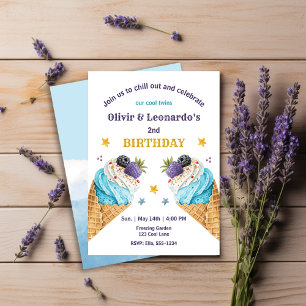 Invitation Blue Ice Cream Scoops Pour Deux Garçons Anniversai