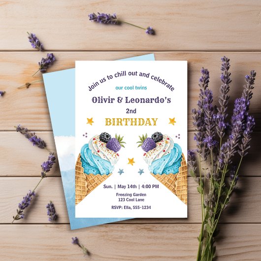 Invitation Blue Ice Cream Scoops Pour Deux Garçons Anniversai