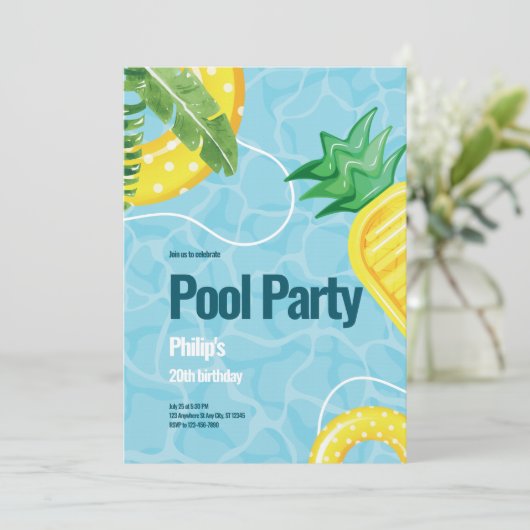 Invitation Blue Illustration Pool fête d'anniversaire (Debout devant)