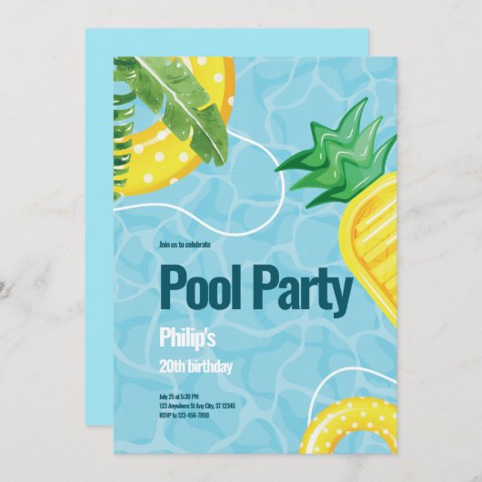 Invitation Blue Illustration Pool fête d'anniversaire (Devant / Derrière)