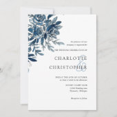 Invitation Blue indigo aquarelle lin fleuri mariage (Devant)