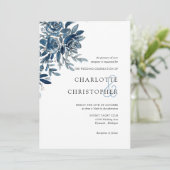 Invitation Blue indigo aquarelle lin fleuri mariage (Debout devant)