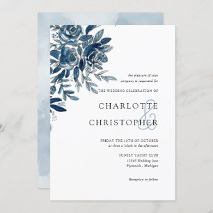Invitation Blue indigo aquarelle lin fleuri mariage
