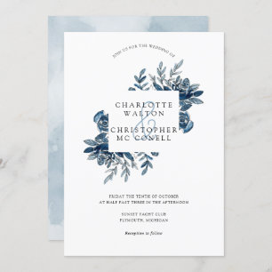 Invitation Blue indigo aquarelle lin fleuri mariage