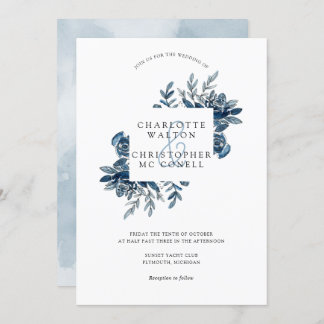 Invitation Blue indigo aquarelle lin fleuri mariage