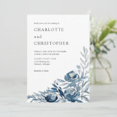 Invitation Blue indigo aquarelle lin fleuri mariage (Debout devant)