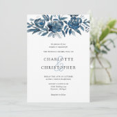 Invitation Blue indigo aquarelle lin fleuri mariage (Debout devant)