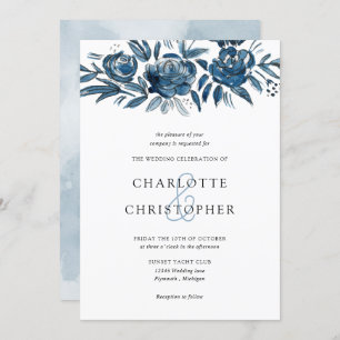 Invitation Blue indigo aquarelle lin fleuri mariage