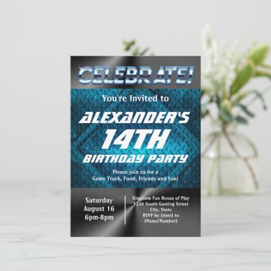 Invitation Blue Industrial Ado Tween Boys Jeu Anniversaire (Debout devant)