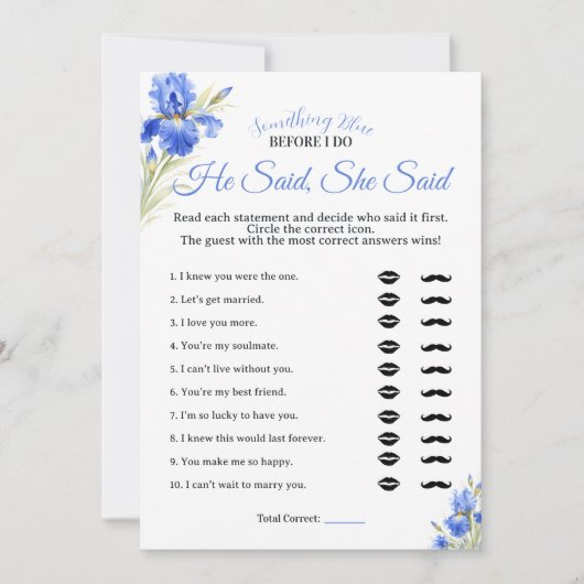 Invitation Blue Iris Something Blue He Said She Said Game (Devant)