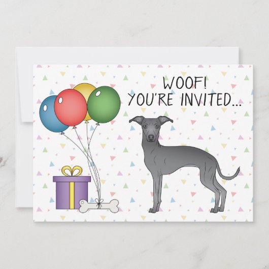 Invitation Blue Italian Greyhound Cute Cartoon Chien Annivers (Devant)